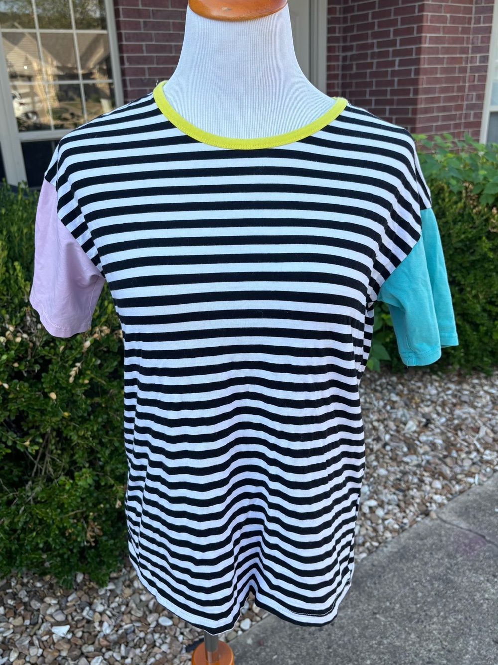 SHEIN Black & White Striped Tee with Yellow Trim and Pink & Teal Sleeves